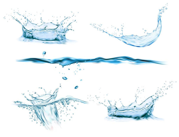 Corona d'acqua spruzzare e onda vortice e gocce. Spruzzi di liquido vettoriale movimento dinamico acquatico, flusso d'acqua blu con gocce spray vista laterale isolata su sfondo bianco, realistici spruzzi d'acqua pura 3d - Vettoriali, immagini