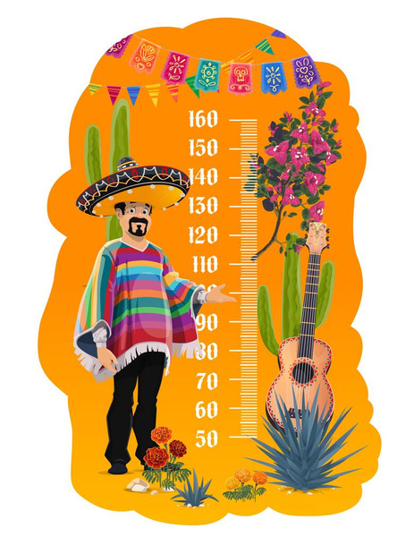 Hauteur des enfants, compteur de croissance. Mexicain avec guitare. Règle de mesure vectorielle avec personnage de dessin animé et échelle pour la mesure de la hauteur des enfants. Cactus, bougainvilliers, fleurs de souci et agave - Vecteur, image