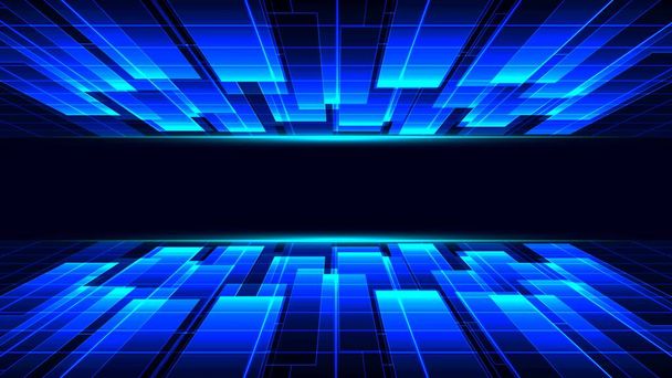 Neon Sci-Fi Futuristic Alien Spaceship Modern Vibrant Blue Lines Glowing Laser Beams Hallway Corridor Retro Dark Empty Podium Club Party. - Vector, Image