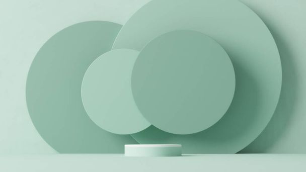 Minimal scene with round podium and abstract background. Pastel green and white colors scene. Trendy 3d render for social media banners, promotion, cosmetic product show. Geometric shapes interior. - Zdjęcie, obraz
