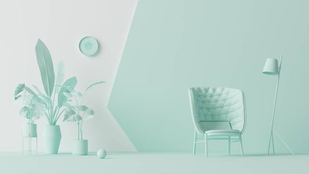 Interior de la habitación en color verde pastel monocromo liso con muebles y accesorios de habitación. Fondo ligero con espacio de copia. Renderizado 3D para páginas web, presentaciones o fondos de marcos de imágenes. - Foto, Imagen