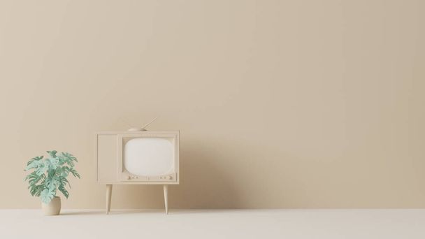 Ретро-телевидение - старинный винтажный телевизор и цветочный горшок в пастельных кремах и бежевом фоне. Trendy 3d рендеринг для социальных сетей, продвижение, презентация, рамка для фотографий - Фото, изображение