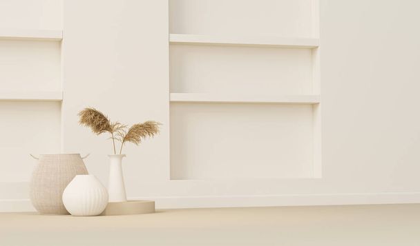 Minimalistisch concept van decoratie met stoel en plant. Pastel crème en beige achtergrond.Trendy 3d weergave voor social media banners, promotie, presentatie, beeld. - Foto, afbeelding