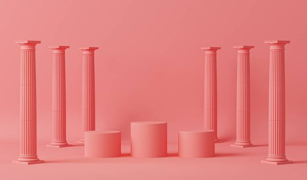 Podium pedestal in ancient Greek style. Minimal scene in pastel pink with marble colonnade and classic columns. Trendy 3d render for social media, promotion, cosmetic product show. - Foto, Imagem