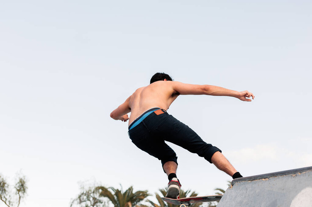 Young skater standing at the top of the skate ramp - Foto, Imagen