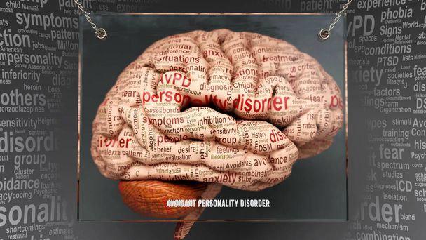 Anatomía del trastorno de personalidad evitable: sus causas y efectos proyectados en un cerebro humano revelan la complejidad del trastorno de personalidad evitable y la relación con la mente humana. Arte conceptual, ilustración 3d - Foto, imagen