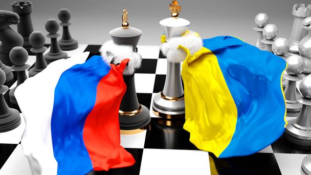 Rusko Ukrajinská válka. Boje mezi Ruskem Ukrajina, symbolizované stojanem mezi dvěma králi šachové partie s národními vlajkami, 3D ilustrace - Fotografie, Obrázek