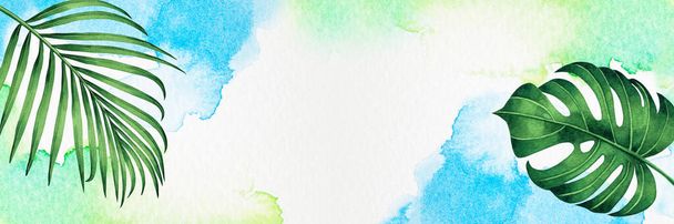 Aquarell Malrahmen Kokosnussblätter Monstera, Palme, grünes Blatt auf blauem grünen Hintergrund. Aquarell handgezeichnete Illustration tropische exotische Blatt, Design, Hochzeitseinladung, Poster oder speichern Sie das Datum. - Foto, Bild