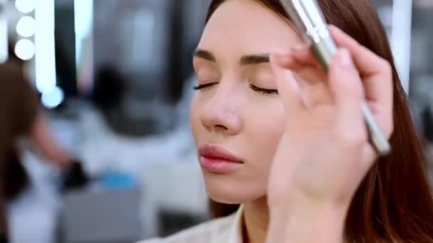 Beautiful brunette woman is dusted and toned with a brush in a beauty salon. - Filmmaterial, Video