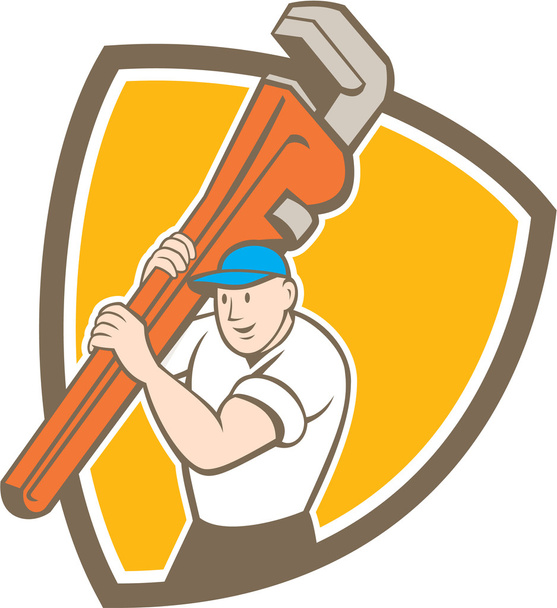 Loodgieter uitvoering Monkey Wrench Shield Cartoon - Vector, afbeelding