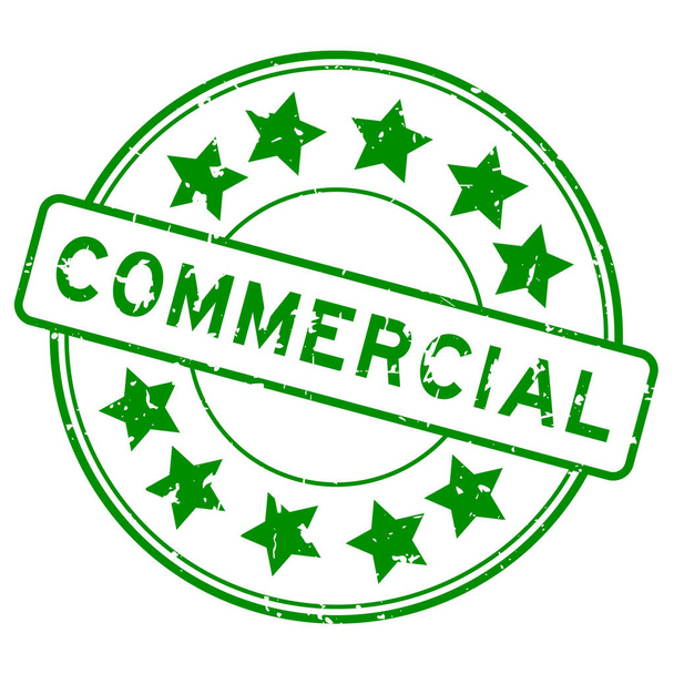 Grunge zöld kereskedelmi szó csillag ikon gumi pecsét fehér háttér - Vektor, kép