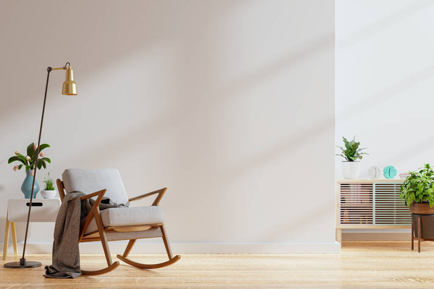 Jasny i przytulny nowoczesny salon wnętrza w ciepłych kolorach z fotelem, minimalny design.3D rendering - Zdjęcie, obraz