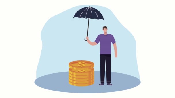 ασφαλιστική υπηρεσία άνθρωπος και ομπρέλα με κέρματα - Πλάνα, βίντεο