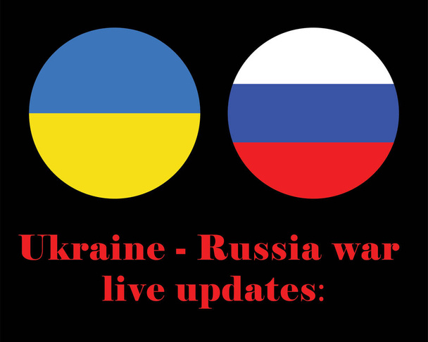 La bandera de Ucrania y Rusia sobre un fondo negro y la inscripción de las últimas actualizaciones sobre la guerra en rojo. - Vector, imagen