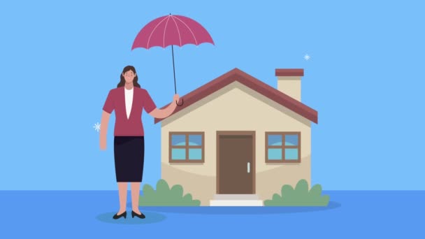 insurance service agent with umbrella and house - Footage, Video