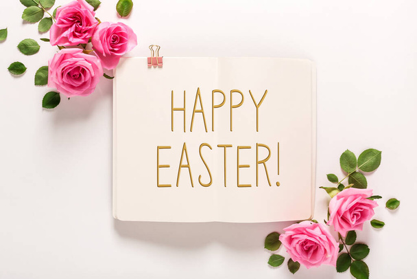 Happy Easter message with roses and leaves - Фото, изображение