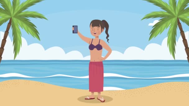 cestovatel žena vzít selfie na pláži - Záběry, video