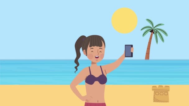 traveler woman take a selfie seascape - Footage, Video