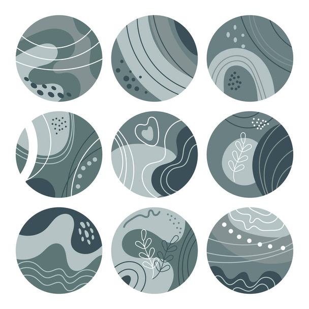 Set, collection of icons, abstract round shapes with doodles and waves. Social media story cover templates. Figures in turquoise colors, vector - Vector, Image