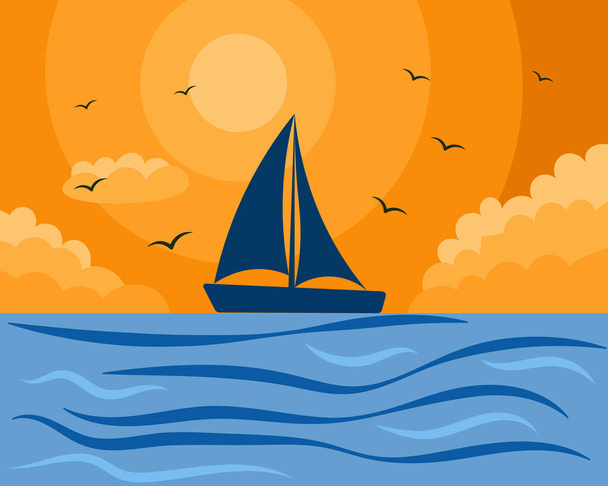 Nautische illustratie, een eenzame zeilboot en meeuwen op een zonsondergang achtergrond. Gele en blauwe kleuren. Muurkunst, vector - Vector, afbeelding