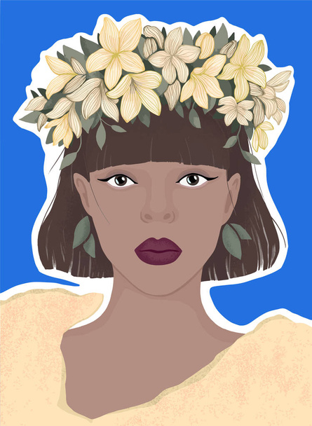 woman in a wreath of yellow flowers on a blue background. flat modern illustration. for poster, magazine cover, book, postcard. - ベクター画像