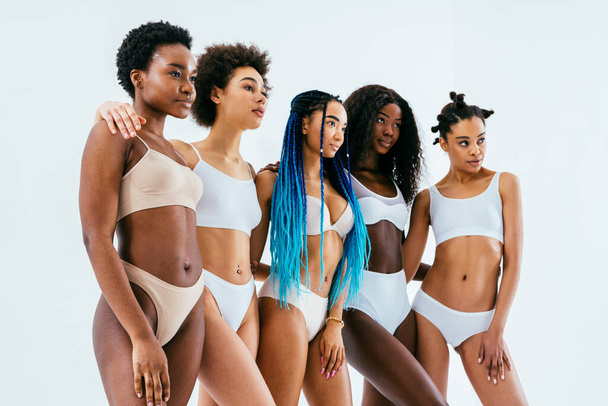 Beauty portrait of beautiful black women wearing lingerie underwear - Pretty african young women posing in studio, concepts about beauty, cosmetology and diversity - Zdjęcie, obraz