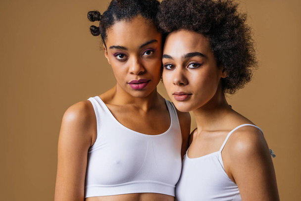 Beauty portrait of beautiful black women wearing lingerie underwear - Pretty african young women posing in studio, concepts about beauty, cosmetology and diversity - Фото, зображення