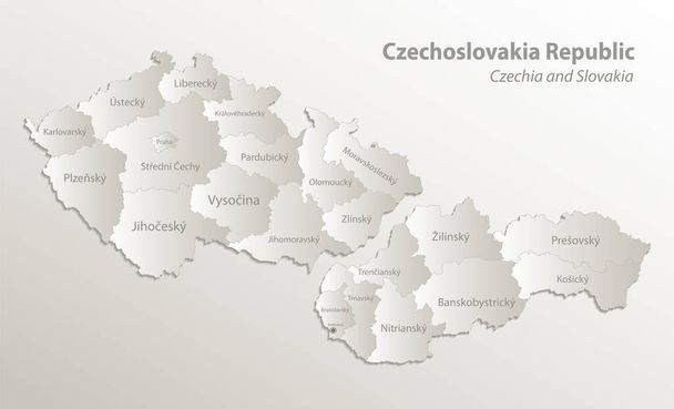 Csehszlovákia és Szlovákia térképe, Csehszlovákia, egyes régiók és főváros nevekkel, közigazgatási osztállyal, kártyapapapapír 3D természeti vektor - Vektor, kép