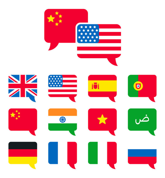 Popular languages speech bubble icons. Country flags set in flat vector style. Translation, communication and international dialogue. - Vetor, Imagem