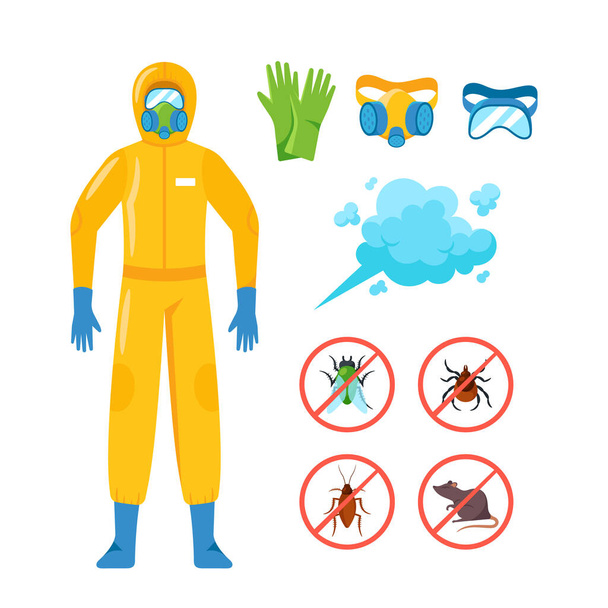 Sada ikon ochrany proti škůdcům, izolovaný karikaturní vektorový insektolog nosit plynovou masku, rukavice a Hazmat oblek. Šváb, krysa - Vektor, obrázek