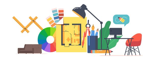 Graphic Designer Creative Studio Interior mit riesigem Home Plan mit Raumaufteilung, Computer PC auf Schreibtisch, Farbpalette, Lampe - Vektor, Bild
