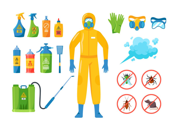 Sada ikon ochrany proti škůdcům, izolované karikatury Vektorový insekticid Láhev, Insektolog v plynové masce, Rukavice a Hazmat oblek - Vektor, obrázek