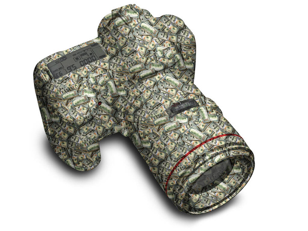 A camera with a texture with US dollars. Business with a camera. - Photo, Image