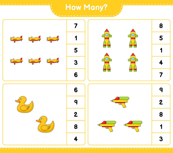 Counting game, how many Plane, Rocket, Rubber Duck, and Water Gun. Educational children game, printable worksheet, vector illustration - Vector, Image