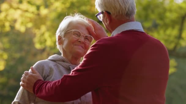 Ritratto di bella coppia di anziani caucasici dai capelli bianchi che si abbracciano e legano fuori casa. - Filmati, video
