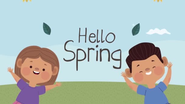 Hallo Frühling Schriftzug mit Kinderpaar - Filmmaterial, Video