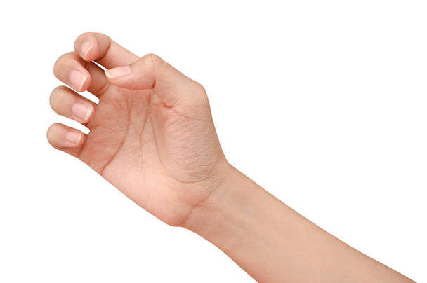 Nahaufnahme Hand hält so etwas wie eine Flasche oder Dose isoliert auf weißem Hintergrund mit Clipping-Pfad. - Foto, Bild