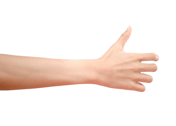 Close up hand holding something like a bottle or can isolated on white background with clipping path. - 写真・画像