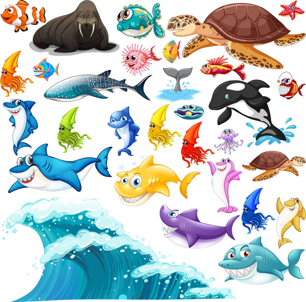 Deniz hayvanlar illüstrasyon farklı türleri - Vektör, Görsel