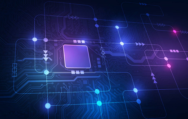 Procesador de chips de tecnología abstracta placa de circuito de fondo y código html, ilustración 3D vector de fondo de tecnología azul. - Vector, imagen