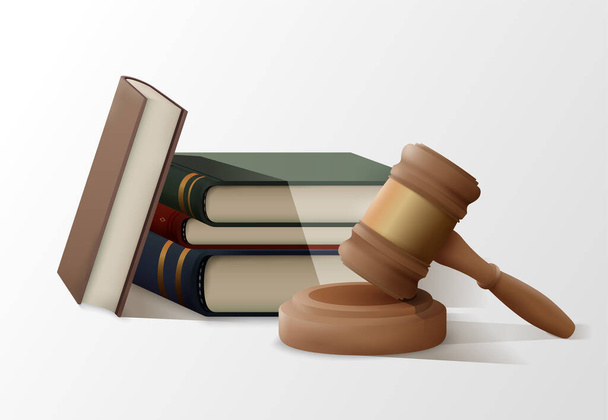 Un martillo de madera y libros con significado legal son el uso de juicio en los tribunales y la licitación en subastas ilustración vectorial gráfica EPS 10 - Vector, imagen