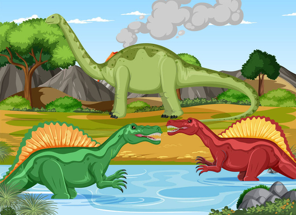 Dinoszaurusz az őskori erdei jelenet illusztrációjában - Vektor, kép