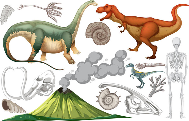 恐竜と化石のイラストのセット - ベクター画像