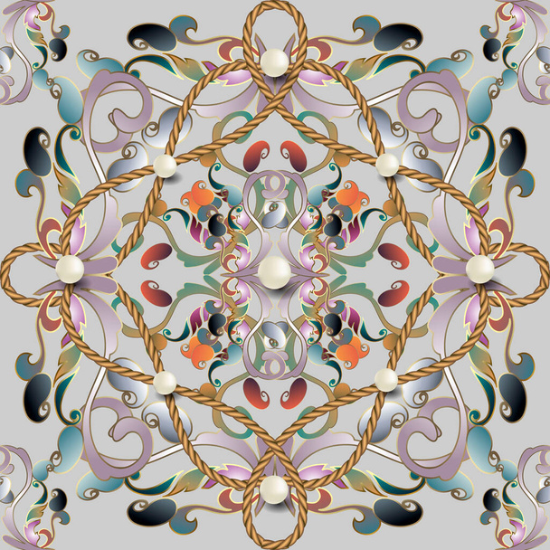 Floral 3d seamless pattern. Jewelry ornate vector background. 3d pearls gemstones, ropes. Vintage colorful flowers, leaves. Beautiful Paisley flowers ornaments. Flourish intricate ethnic style design. - Vektor, obrázek