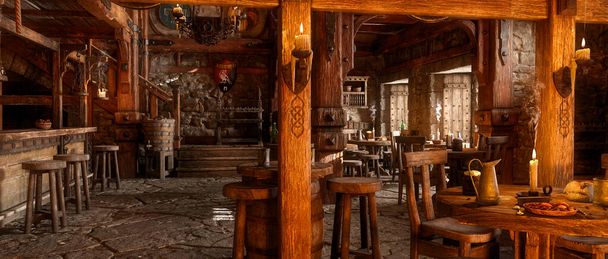 Vista panoramica dell'interno della taverna fantasy medievale. Illustrazione 3D. - Foto, immagini