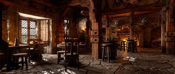 Широкий панорамный вид на бар в фантастической средневековой таверне с открытым камином на заднем плане. 3D иллюстрация. - Фото, изображение