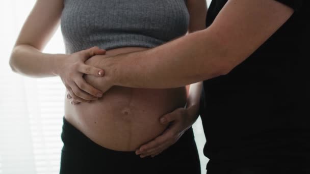 Detail matky v pokročilém těhotenství a budoucí otec cítí pohyby dítěte. Snímek s RED heliovou kamerou v 8K. - Záběry, video