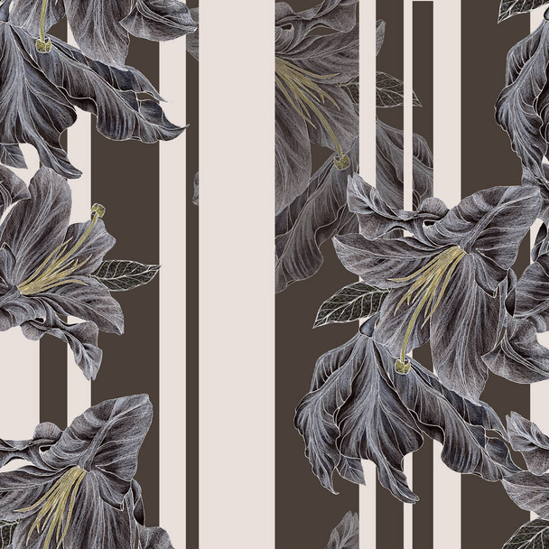 Flowerslily mit Blättern zeichnen in Buntstiften. Vertikale Komposition. Nahtloses Muster auf gestreiftem Hintergrund. - Foto, Bild