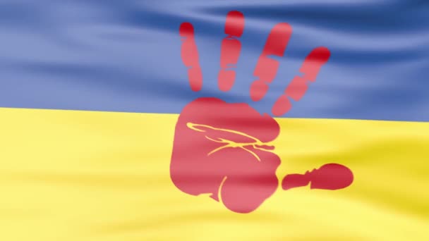 Ukrainische Flagge mit roter Hand (Handfläche) darauf - Filmmaterial, Video