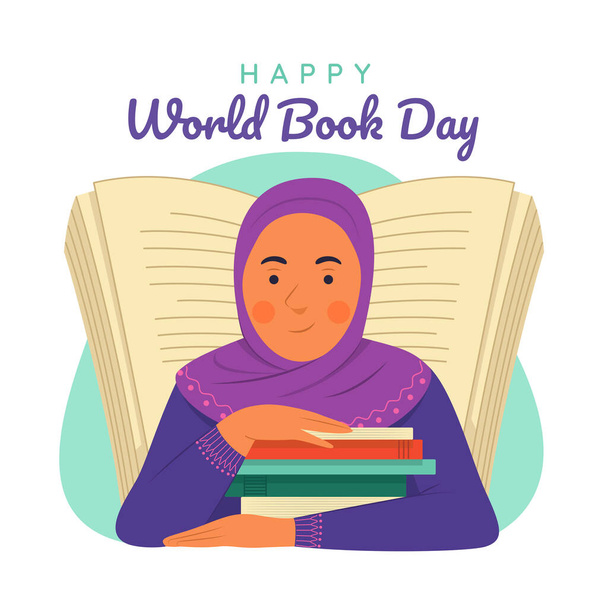 Moslim meisje met de boeken voor World Book Day Illustration. - Vector, afbeelding